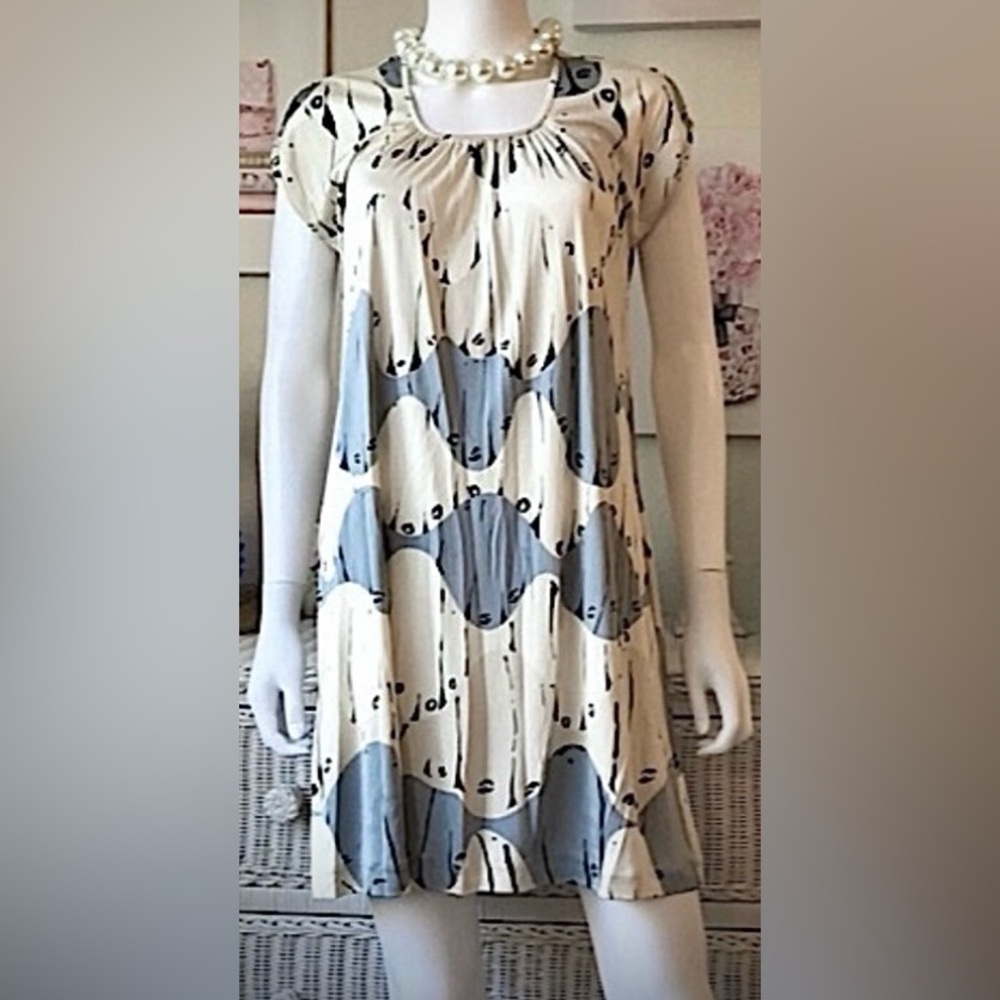 Sea New York Shift Mini Dress Abstract Print Silk Cap Sleeves Grey Cream size 4